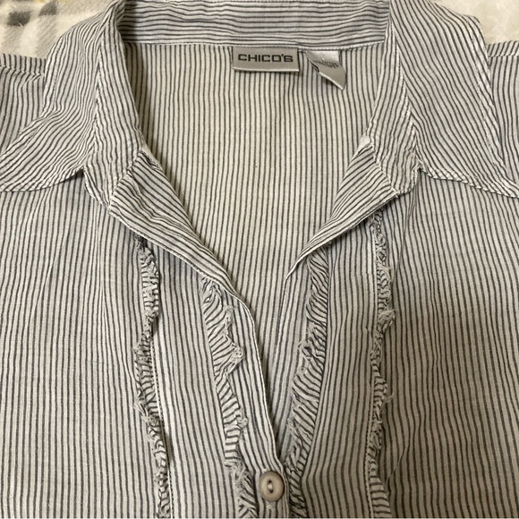Chico's Blouse Ruffle Striped Button Up Shirt Blue White Long Sleeve Sz 3 Cotton - Picture 10 of 16